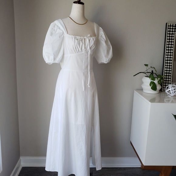 Square Neck Puff Sleeve Tie Bust Midi Maxi Dress - Picture 5 of 16